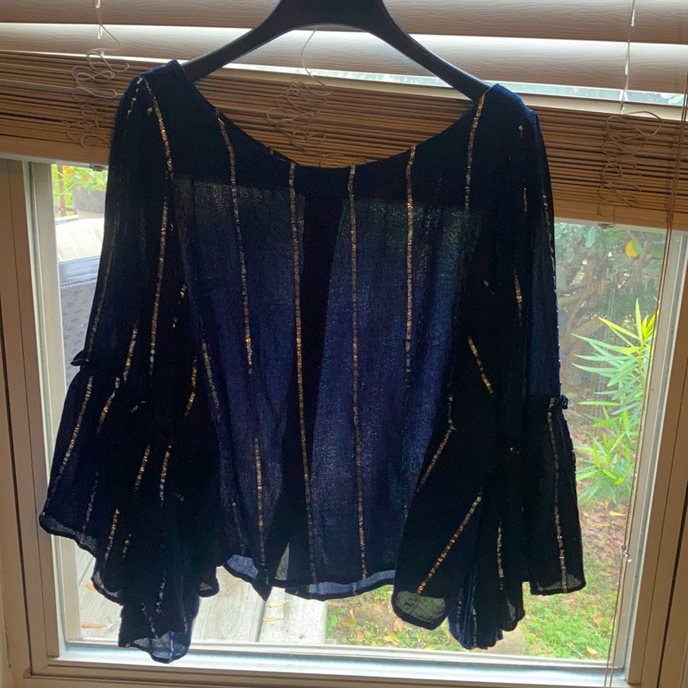 Anthropologie navy blue blouse with silver detail